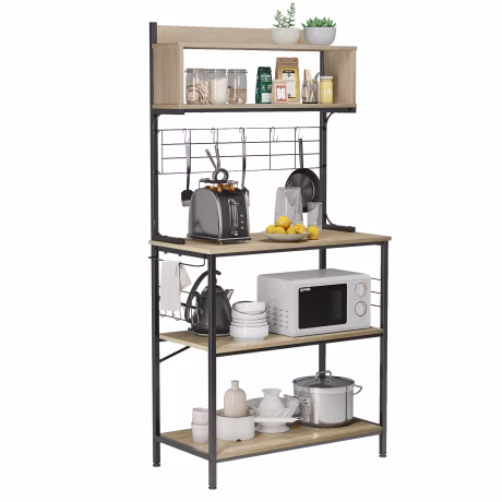 BESTIER Industrial Kitchen Rack With Cabinets And Hooks,Microwave Oven Stand,4 Tier Kitchen Storage Furniture