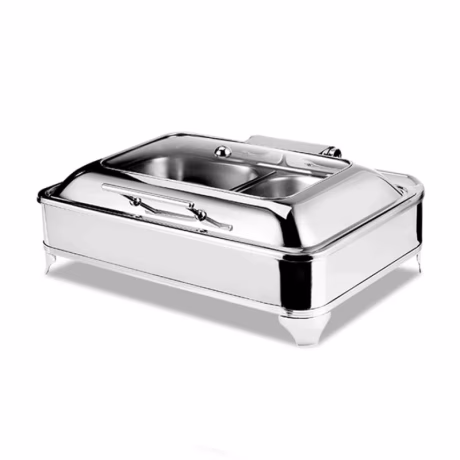 Hotel restaurant stainless steel hydraulic buffet supplies server glass lid food warmer chafing dish with 2pcs 1/2 pan