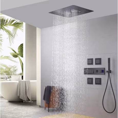 New 4 Functions Ceiling Mount LED Digital Display Shower System Matte Black Bath Concealed Shower Mixers Shower Faucet Set