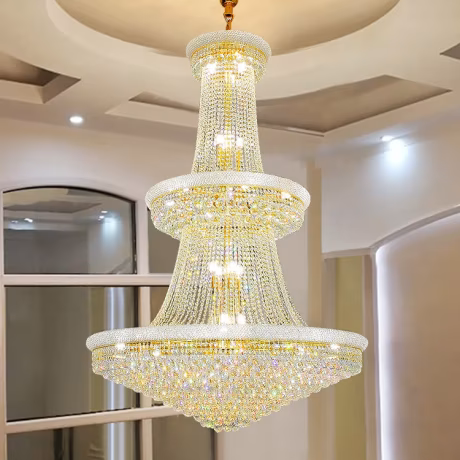 New Luxury High Ceiling Chandelier Pendant Light Hotel Round Gold Hang Lamp Home Wedding Hall Decor Modern Crystal Chandelier