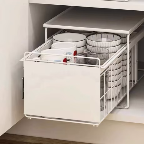 Pull Out Kitchen cutlery Cabinet organization Sliding Under sink storage drainer rack Dish dryer holder Metal Stackable basket