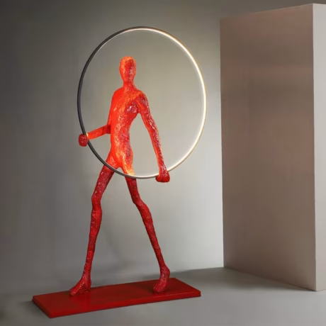 Race Walking Man Red Sculpture Floor Lamp Artwork Decoration Hotel Hall Human Statue Lights with Circle Lighting