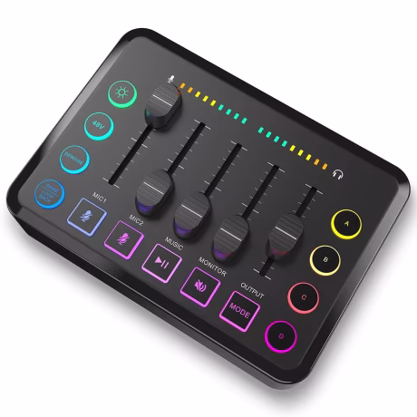 Rechargeable Gaming Mixer Audio Interface with XLR Microphone Interface 48V Phantom Power RGB Mixer for Podcast Recording