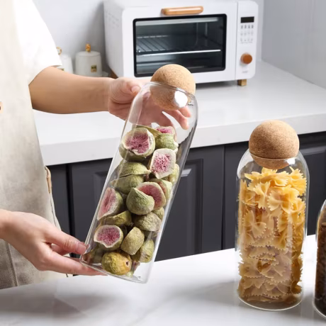 Set of 3 Cute Decorative Organizer Bottle Canister Glass Storage jar with Ball Cork lid for Food, Coffee,
