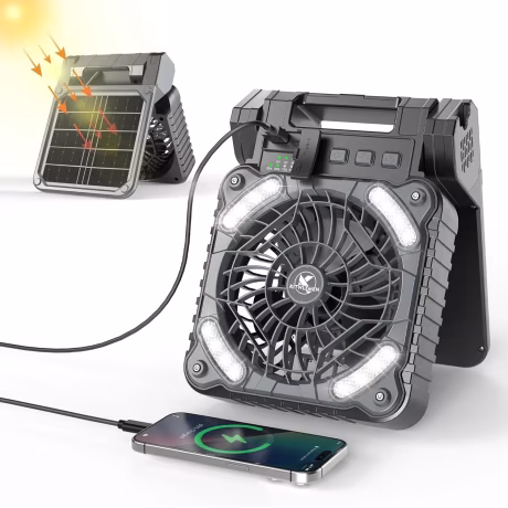 Solar Camping Fan with Led Lantern, 4 Speeds Rechargeable Battery Powered Fan with Timer 90 Folding Portable Desk Fan