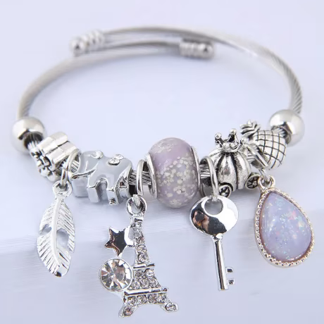 Fashionable DIY Metal Tower and Feather Charm Bracelet Wholesale Newest Handmade Jewelry Luxury Stainless Steel Bangle