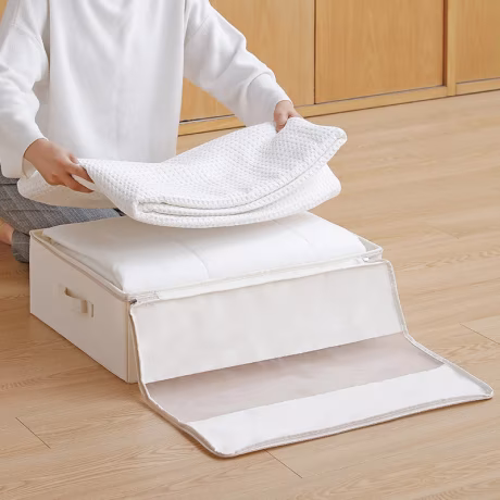 SHIMOYAMA New Off-white Fabric Foldable Rectangular Storage Collapsable Box Organizer with Zip Open