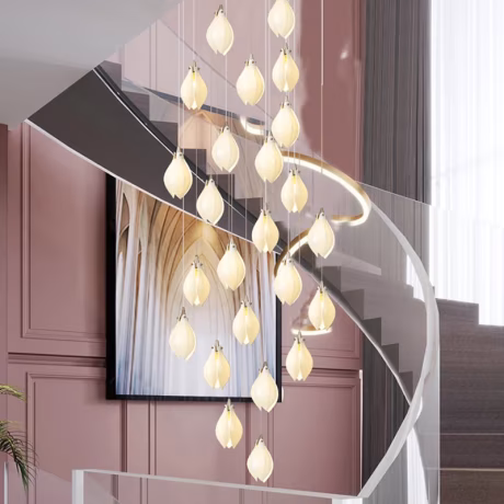 Simple Art Staircase Led Linear Chandelier Study Living Room Ceramic Magnolia Pendant Light Bedroom Dining Room Ceiling Lamps
