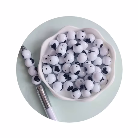 100PCS Round Acrylic Black and White LOVE Heart Beads for Jewelry Making DIY Bracelet Keychain Beaded Pen Handmade Craft supply