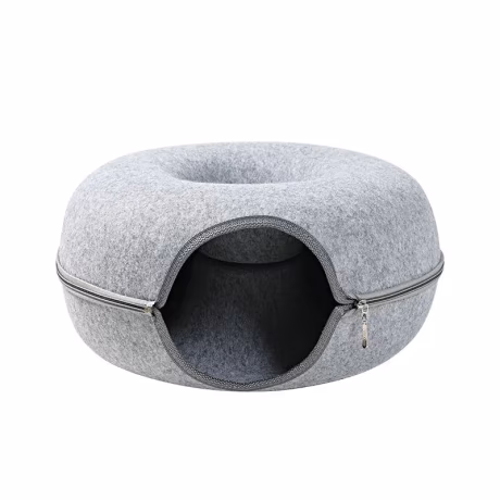 Cat Round Donut Bed with Zipper Cat House Basket Natural Felt Rabbit Cave Nest Funny Interactive Pet Tunnel Toy Cat Accessories