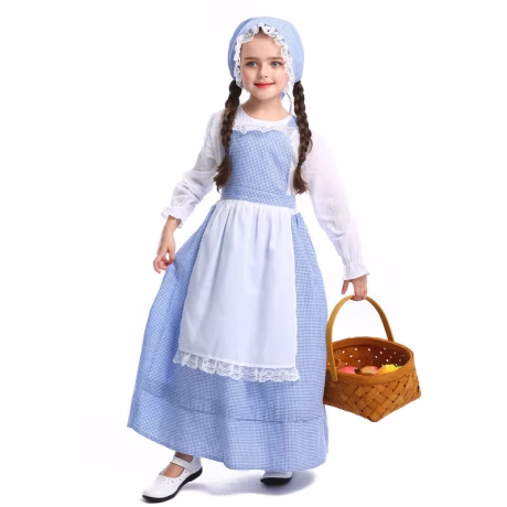 Fancy Blue White Stage Performance Uniform for Kids Princess Dresses Maid Costumes Belle Dress with Apron for Girl