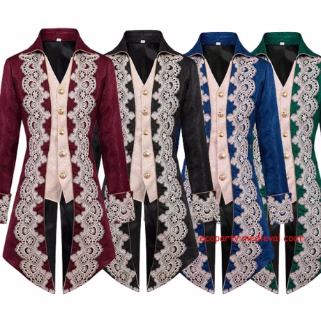 Medieval Victorian Renaissance Lace Trim Halloween Cosplay Gothic Tailcoat Nobleman King Prince Jacket Party Costume