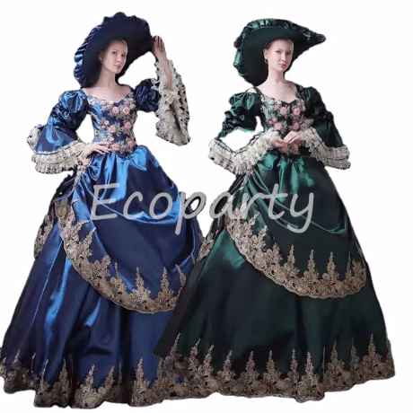 Navy Blue Green Victorian French Bustle Fairytale Ball Gown Costume Marie Antointte Party Dress Women Steampunk Theater Clothing